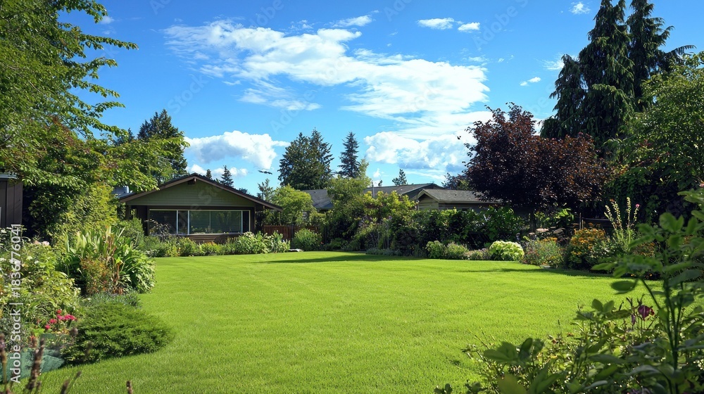 Fototapeta premium A well-watered green lawn and garden, showing healthy plants thanks to an automated irrigation system.