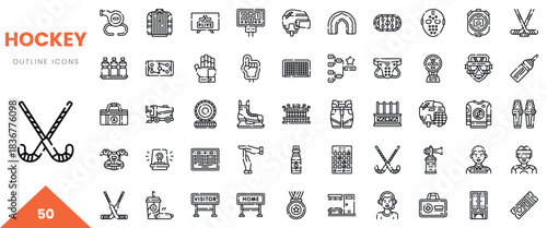 Collection of hockey-themed outline icons, showcasing various elements of the sport.