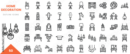 Set of 50 outline icons depicting various home decoration items and furniture.