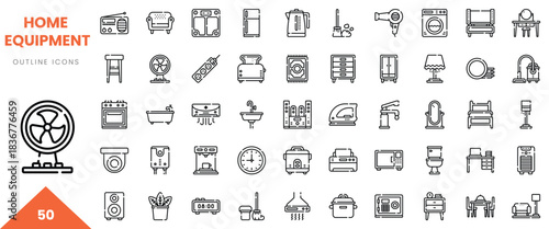 A diverse collection of home equipment outline icons featuring furniture and appliances.