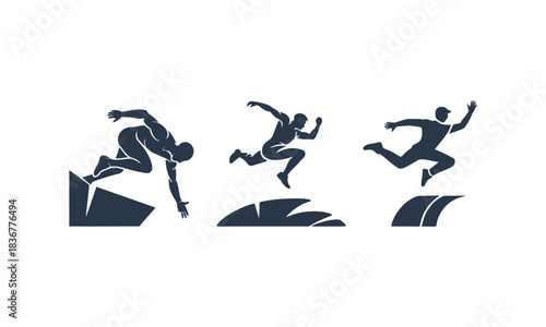 Three dynamic silhouette illustrations of men jumping and running over obstacles, symbolizing overcoming challenges and athletic prowess.