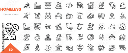 A collection of outline icons representing aspects of homelessness and support services.
