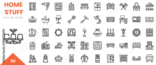 Collection of various home-related outline icons representing furniture and appliances.