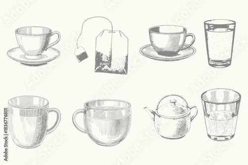 Isolated hand drawn tea set engraving style vector illustration. Eps 10
