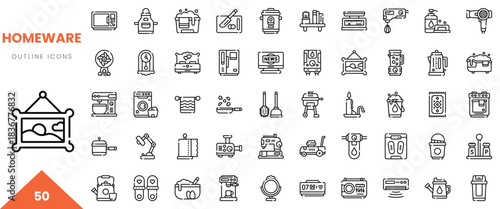A collection of 50 outline icons representing various homeware essentials in a minimalist style.
