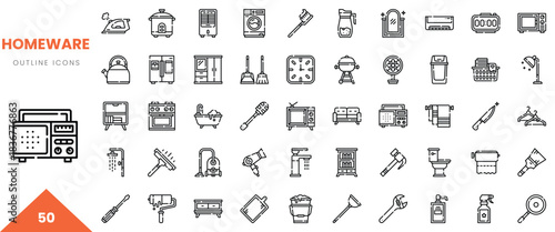 A collection of homeware outline icons showcasing various household appliances and tools.