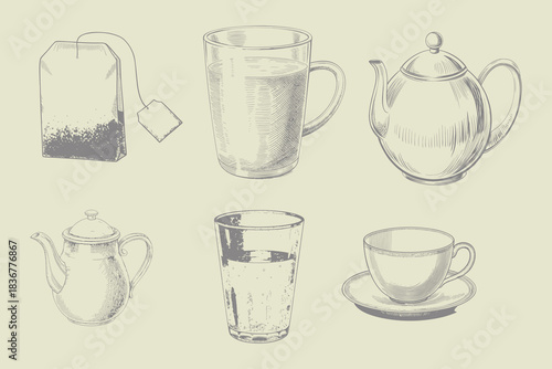 engraving style Vintage tea collection. Hand-drawn tea set vector illustration. Eps 10