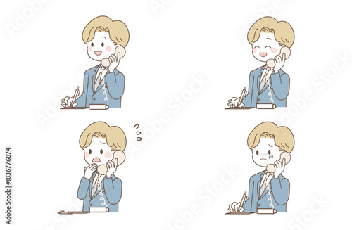電話応対でメモをするビジネスマンの表情セット