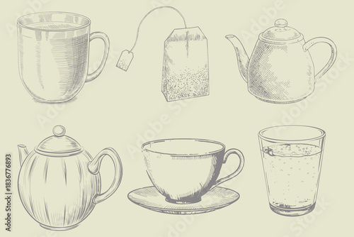 engraving style Vintage tea collection. Hand-drawn tea set vector illustration. Eps 10