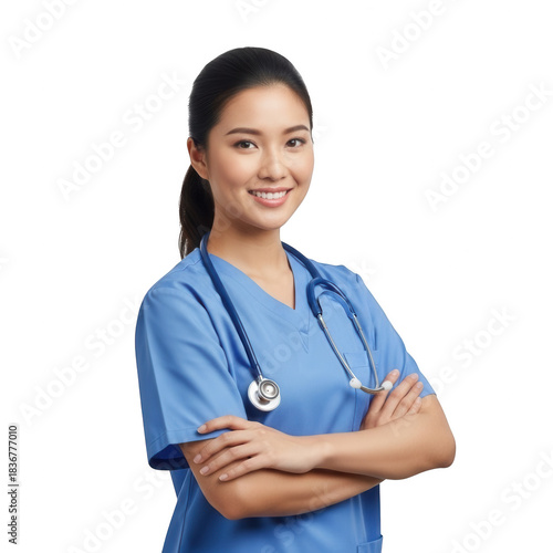 Asian female nurse in blue scrubs with stethoscope, confident pose isolated on transparent background
