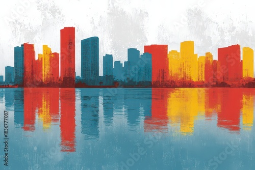 Colorful Cityscape Silhouette Reflecting In Water Under White Sky