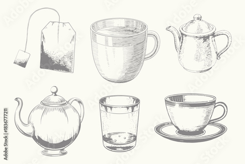 hand drawn tea set engraving style illustration. Eps 10