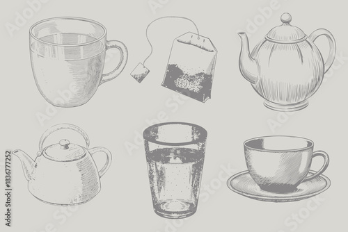 hand drawn tea set engraving style illustration. Eps 10