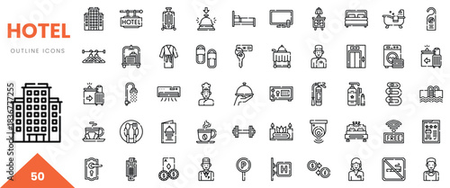 A collection of hotel-related outline icons, depicting various amenities and services.