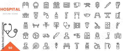 A collection of 50 hospital outline icons showcasing medical equipment and healthcare symbols.