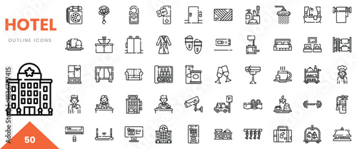 A collection of hotel outline icons showcasing amenities and services.