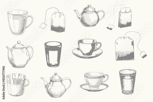 Vintage tea collection. Hand-drawn tea set engraving style vector illustration. Eps 10