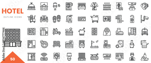 A collection of hotel-themed outline icons showcasing various amenities and services.