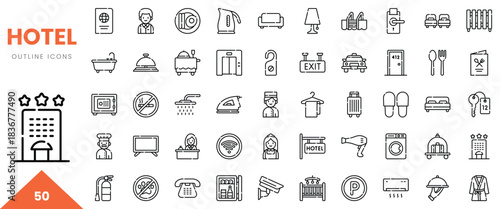 Collection of hotel outline icons including amenities and services, ideal for hospitality design.