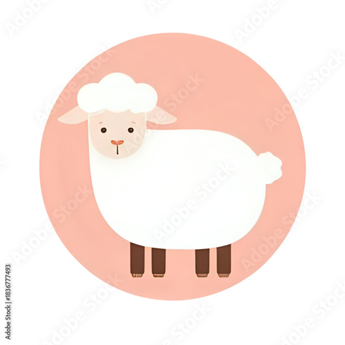 Cute cartoon white sheep illustration on a soft pink circular background, representing innocence and gentle nature