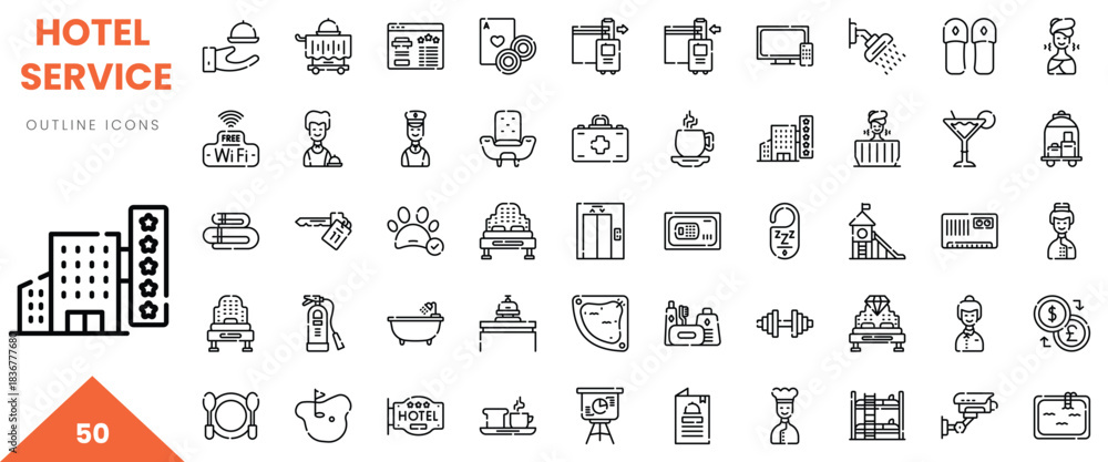Fototapeta premium A diverse collection of hotel service icons, featuring amenities and services in outline style.