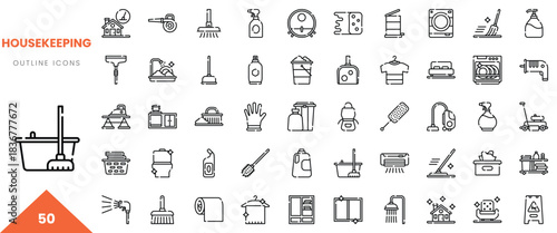 A collection of 50 outline icons representing various housekeeping tools and products in a clean design.
