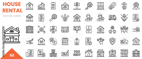 A collection of outline icons representing house rental services and processes.