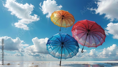 美しい空を映したカラフルな傘が空を飛ぶ美しい水平線と青空の風景