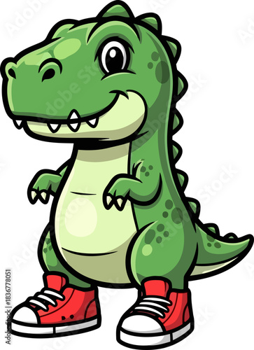 smiling trex cartoon with red sneakers strikes a friendly pose