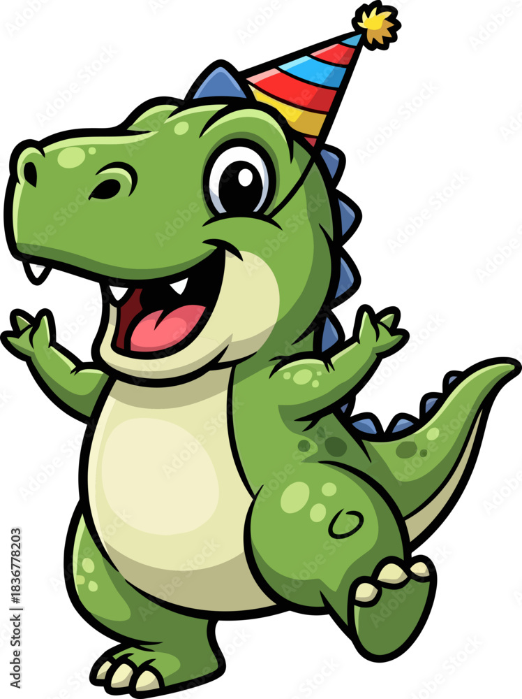 Naklejka premium partyready dinosaur expresses boundless happiness, ready for exciting adventures ahead