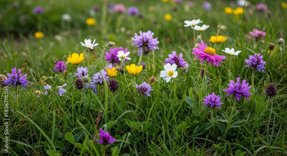 Fototapeta premium Close-up of Vibrant Wildflower Meadow in Lush Green Grass