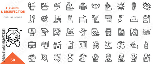 Set of hygiene and disinfection outline icons highlighting cleanliness and safety practices.