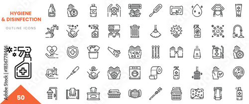 Set of hygiene and disinfection outline icons, ideal for health and wellness themes.