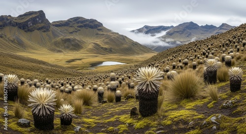 Andean Páramo Landscape with Unique Frailejones Plants and High Mountain Scenery