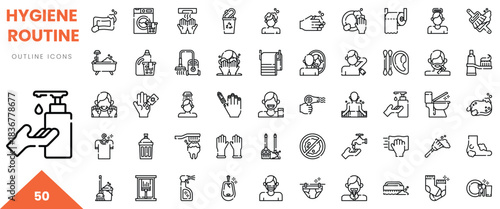 Collection of outline icons representing essential hygiene routines and practices.