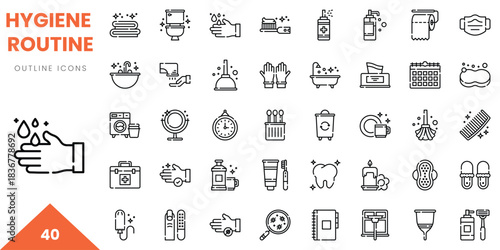 Variety of hygiene routine icons, including hand washing, personal care products, and cleaning tools.