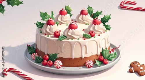 Wallpaper Mural Cute Clean Cartoon Christmas Cake Illustration with Holly and Berries Torontodigital.ca