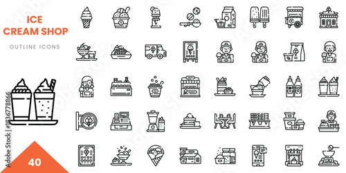 A collection of 40 outline icons representing various elements of an ice cream shop.