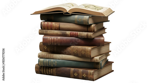 Stack of elegant antique leather bound books with one open volume showcasing old world knowledge and history