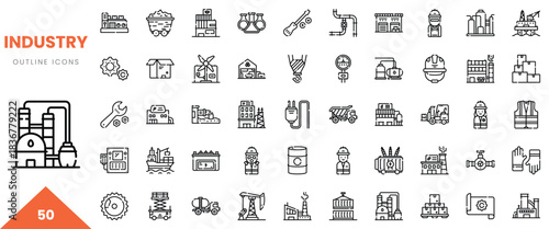 Set of outline icons representing various industries and machinery concepts.