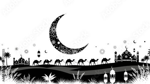 A light grey crescent moon and a five-pointed star symbol on a plain white background, representing Islamic iconography.