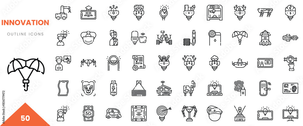 Fototapeta premium A diverse collection of 50 innovative outline icons representing technology and design.
