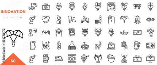 A diverse collection of 50 innovative outline icons representing technology and design.