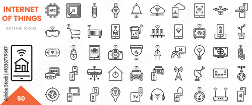 A collection of 50 outline icons representing the Internet of Things in modern technology.