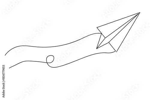 Simple paper airplane illustration with continuous  one line art on white background