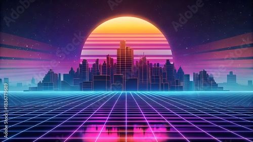 Retro Futuristic Cityscape at Sunset With Neon Grid Skyline and 80s Inspired Aesthetic