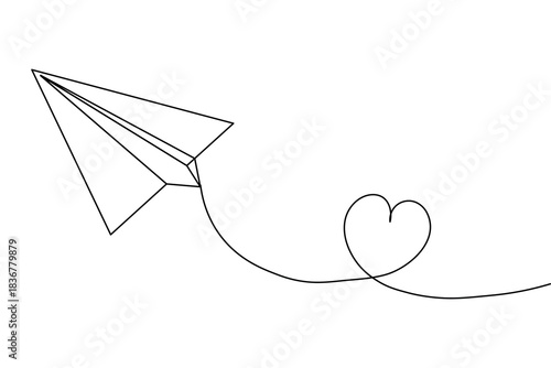 Paper plane continuous one line drawing with heart trail in minimalist romantic style