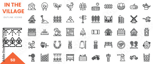 A collection of diverse village-themed outline icons depicting rural life and farming activities.