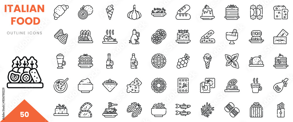Fototapeta premium A diverse collection of Italian food icons featuring outline illustrations of popular dishes.