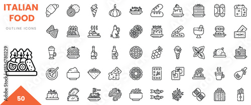 A diverse collection of Italian food icons featuring outline illustrations of popular dishes.